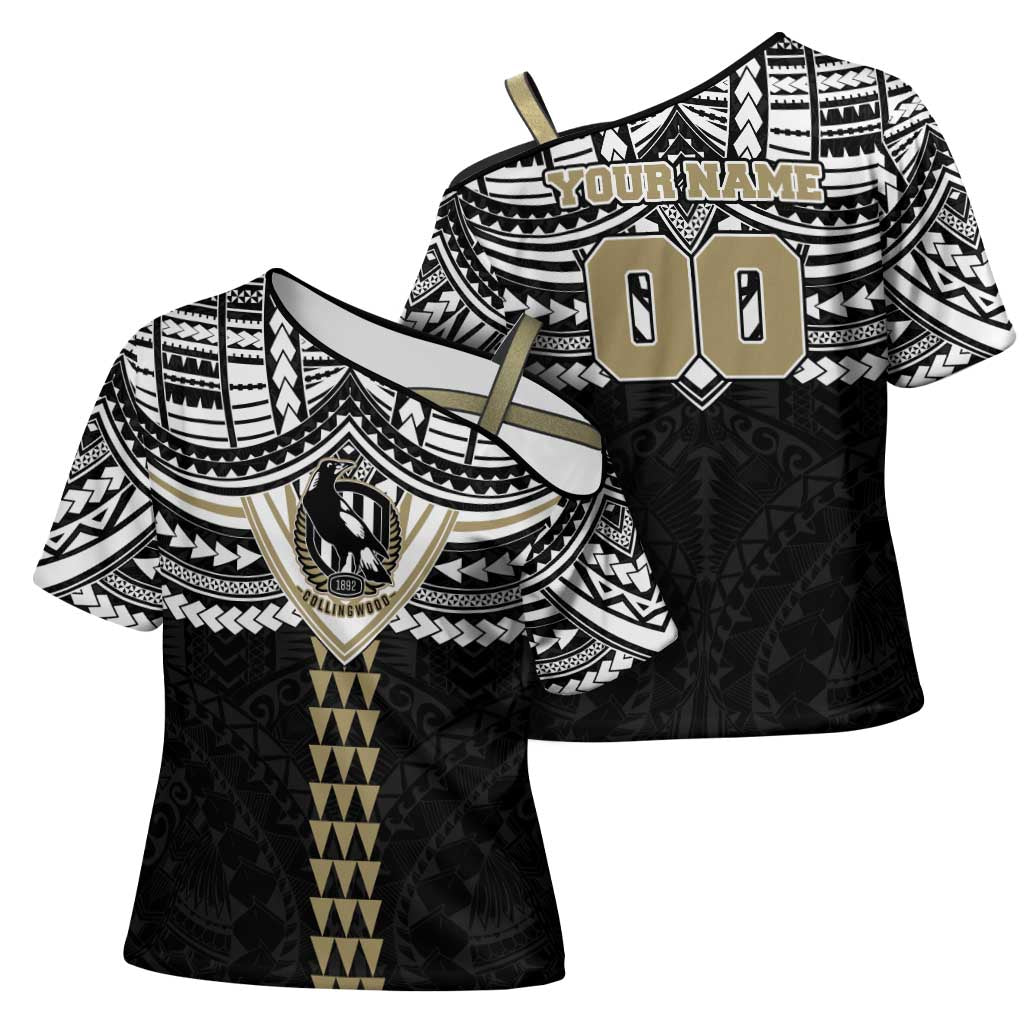 Personalized Collingwood Magpies Cross Shoulder Shirt Polynesian Tribal Pattern Heritage Football