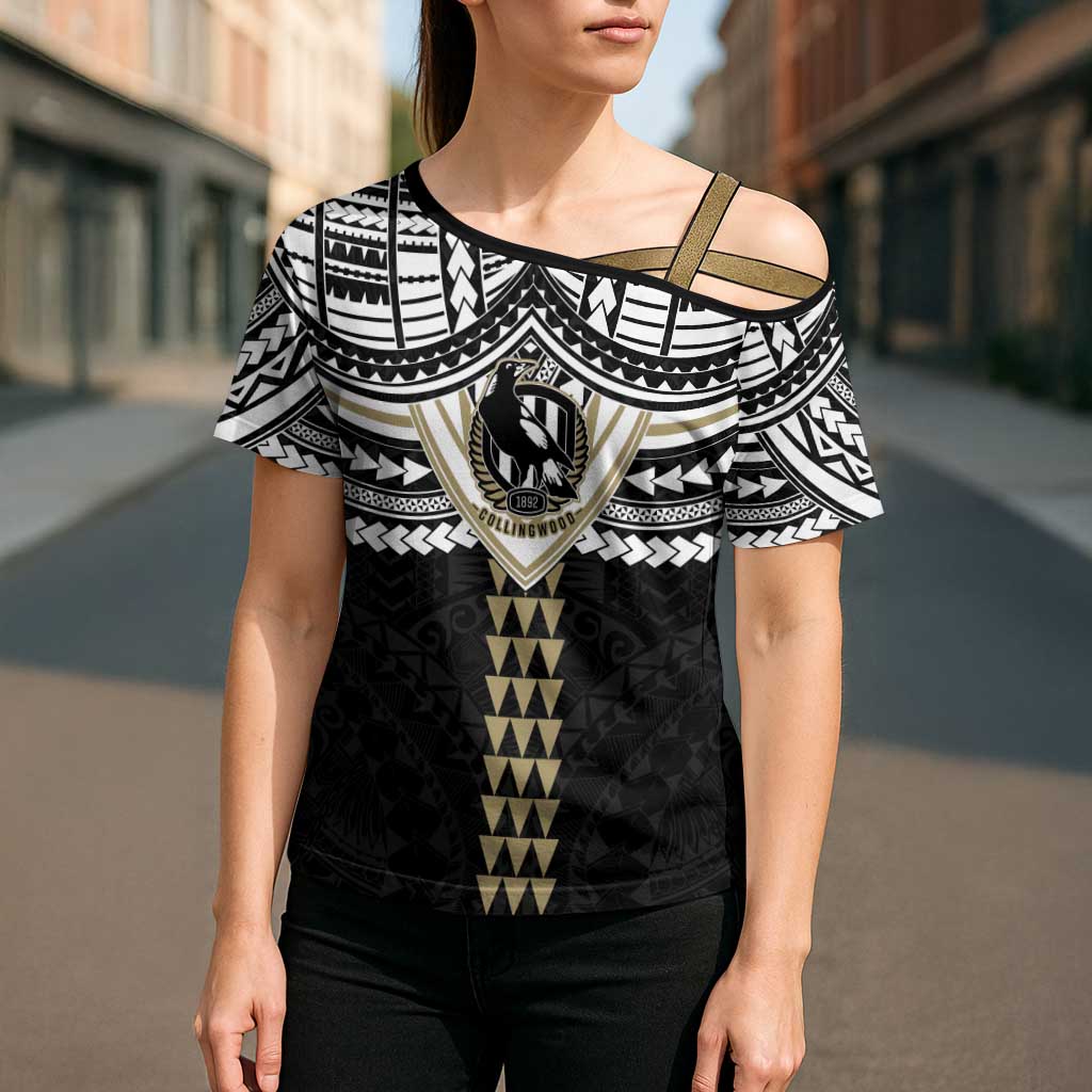 Personalized Collingwood Magpies Cross Shoulder Shirt Polynesian Tribal Pattern Heritage Football