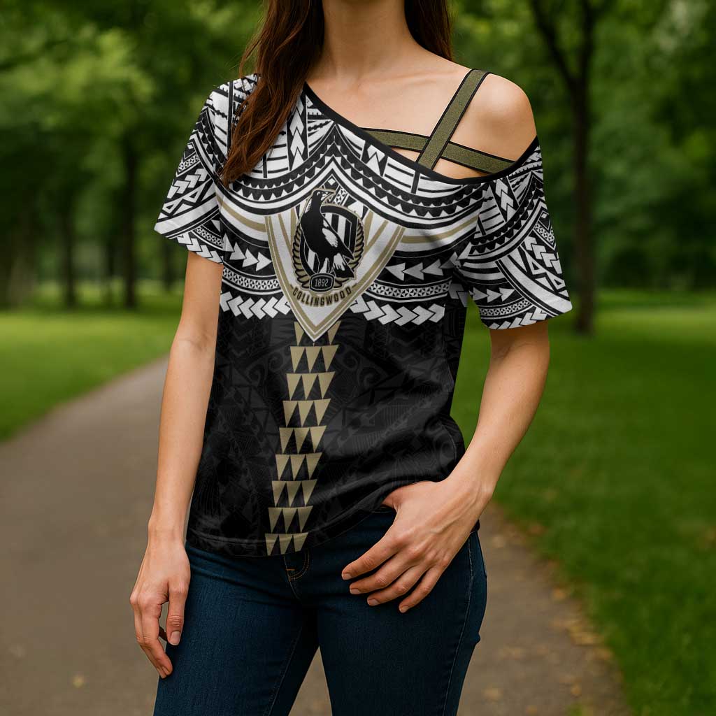 Personalized Collingwood Magpies Cross Shoulder Shirt Polynesian Tribal Pattern Heritage Football