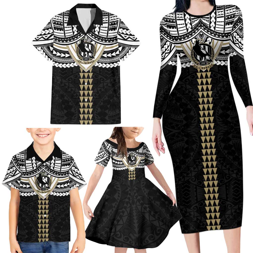 Personalized Collingwood Magpies Family Matching Long Sleeve Bodycon Dress and Hawaiian Shirt Polynesian Tribal Pattern Heritage Football