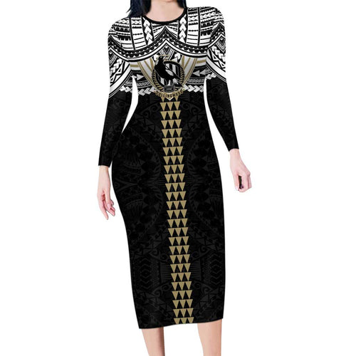Personalized Collingwood Magpies Family Matching Long Sleeve Bodycon Dress and Hawaiian Shirt Polynesian Tribal Pattern Heritage Football