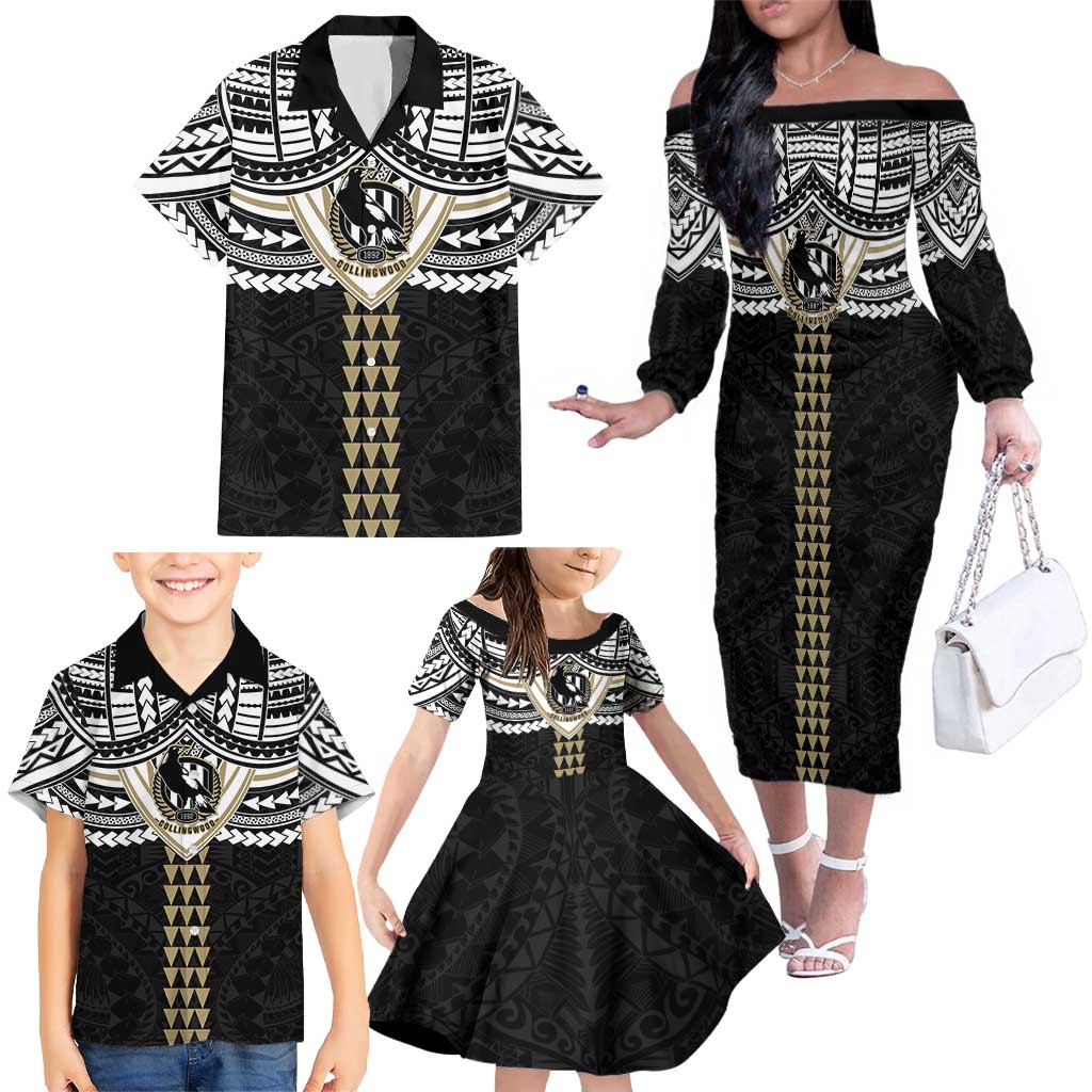 Personalized Collingwood Magpies Family Matching Off The Shoulder Long Sleeve Dress and Hawaiian Shirt Polynesian Tribal Pattern Heritage Football