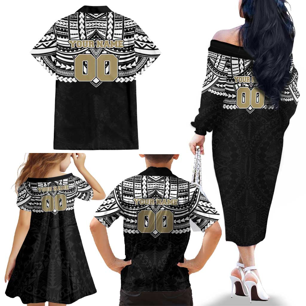 Personalized Collingwood Magpies Family Matching Off The Shoulder Long Sleeve Dress and Hawaiian Shirt Polynesian Tribal Pattern Heritage Football