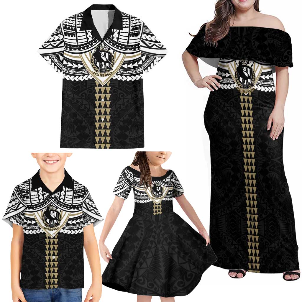 Personalized Collingwood Magpies Family Matching Off Shoulder Maxi Dress and Hawaiian Shirt Polynesian Tribal Pattern Heritage Football