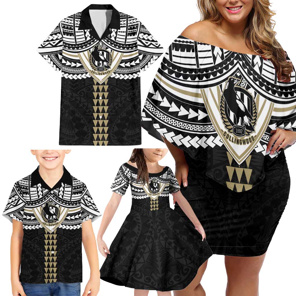 Personalized Collingwood Magpies Family Matching Off Shoulder Short Dress and Hawaiian Shirt Polynesian Tribal Pattern Heritage Football