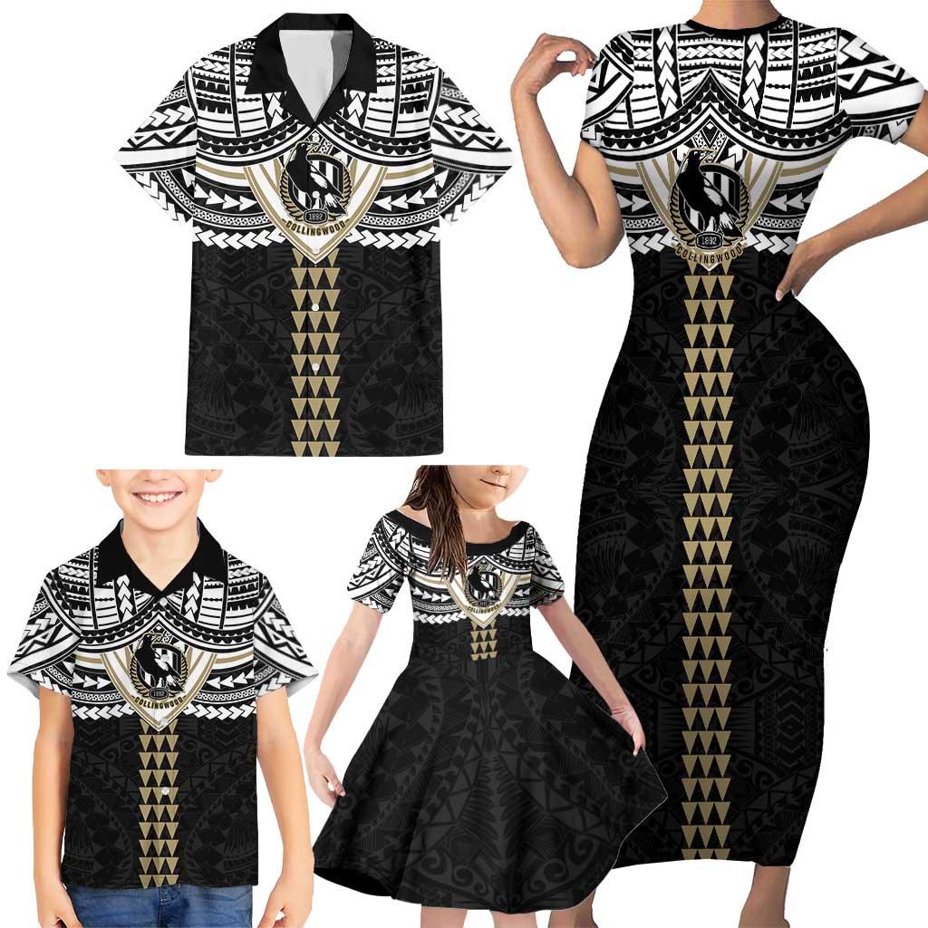 Personalized Collingwood Magpies Family Matching Short Sleeve Bodycon Dress and Hawaiian Shirt Polynesian Tribal Pattern Heritage Football
