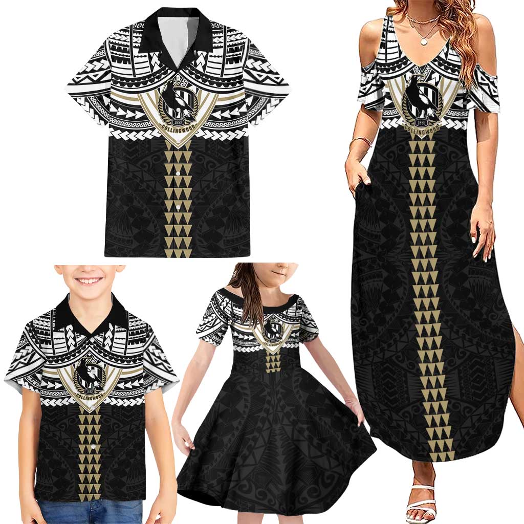 Personalized Collingwood Magpies Family Matching Summer Maxi Dress and Hawaiian Shirt Polynesian Tribal Pattern Heritage Football