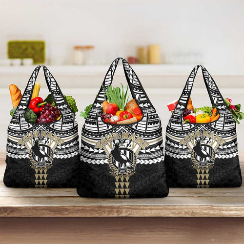 Personalized Collingwood Magpies Grocery Bag Polynesian Tribal Pattern Heritage Football