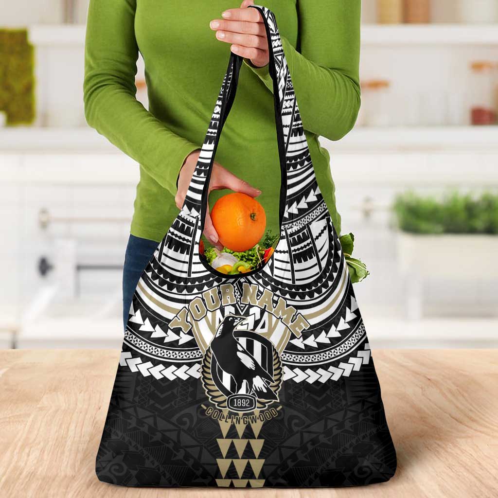 Personalized Collingwood Magpies Grocery Bag Polynesian Tribal Pattern Heritage Football