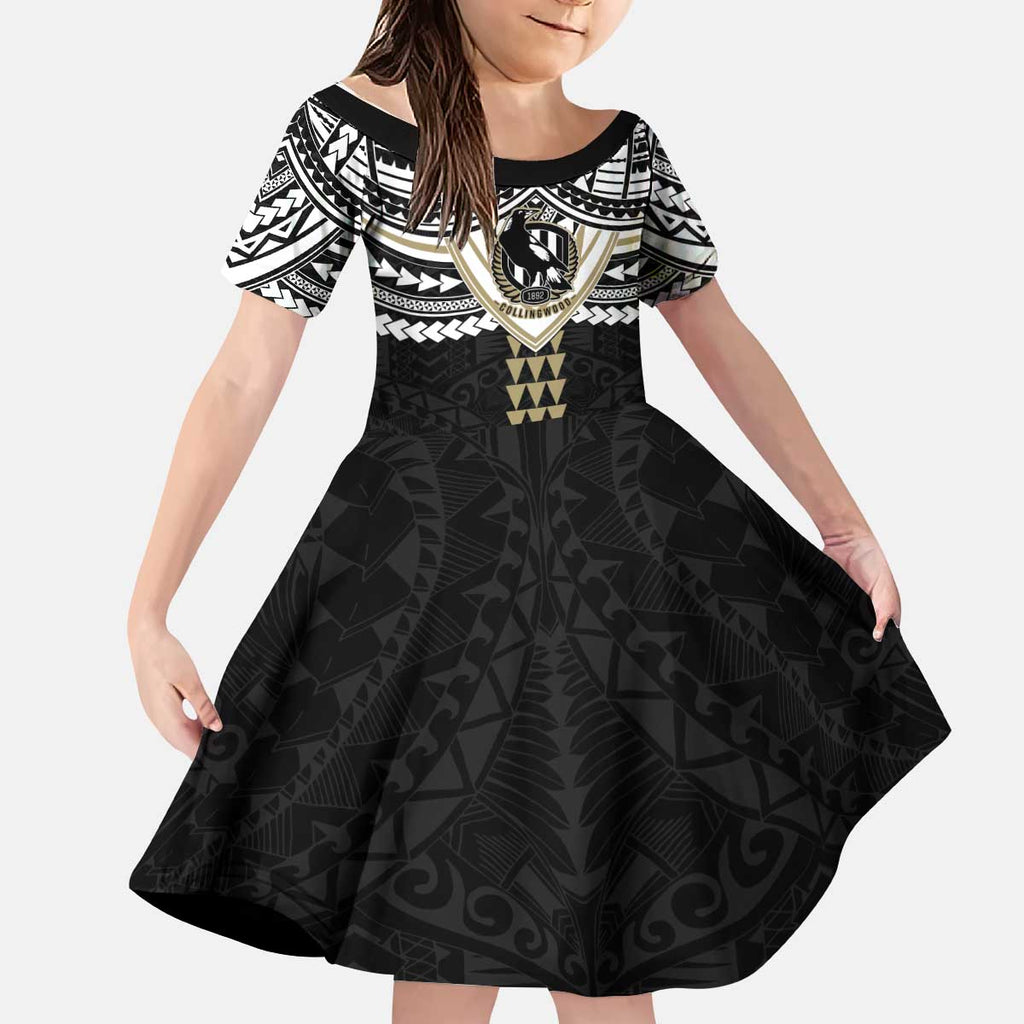 Personalized Collingwood Magpies Kid Short Sleeve Dress Polynesian Tribal Pattern Heritage Football