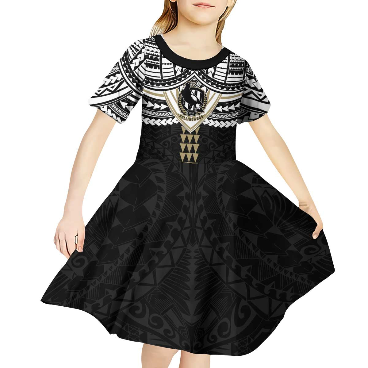 Personalized Collingwood Magpies Kid Short Sleeve Dress Polynesian Tribal Pattern Heritage Football