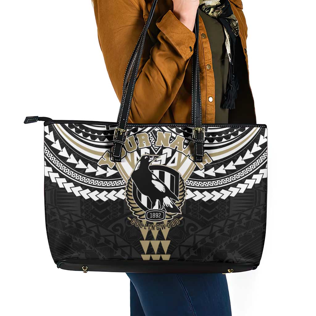 Personalized Collingwood Magpies Leather Tote Bag Polynesian Tribal Pattern Heritage Football
