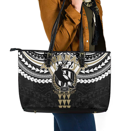 Personalized Collingwood Magpies Leather Tote Bag Polynesian Tribal Pattern Heritage Football