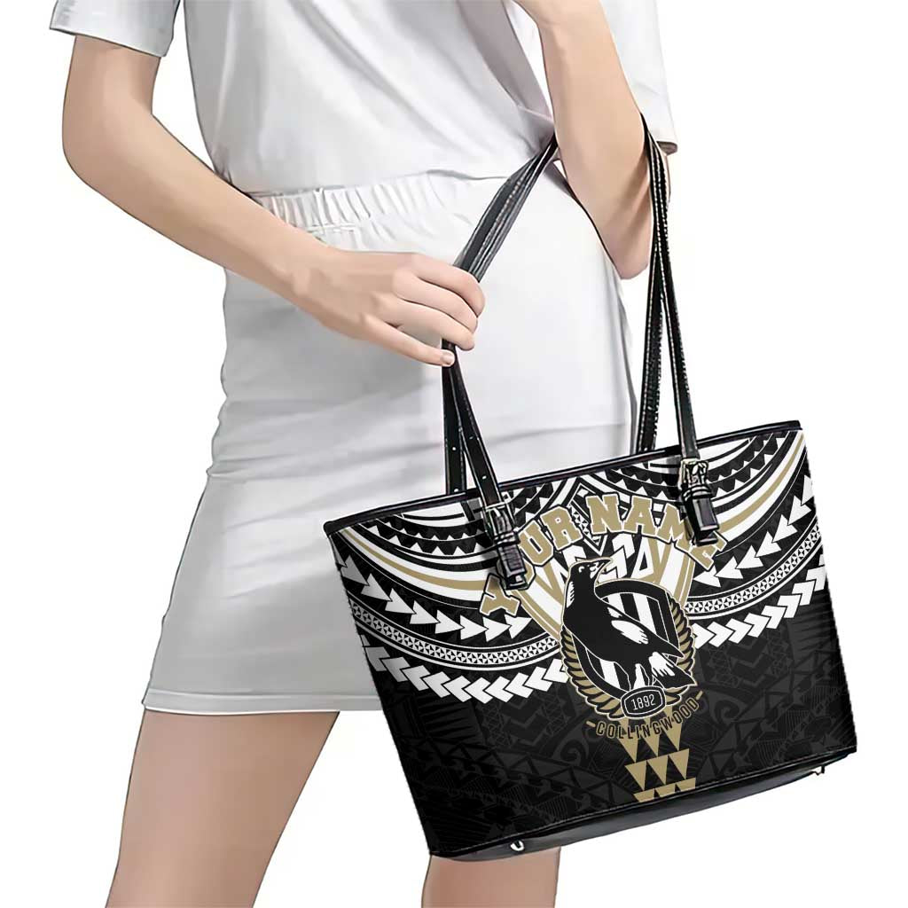 Personalized Collingwood Magpies Leather Tote Bag Polynesian Tribal Pattern Heritage Football