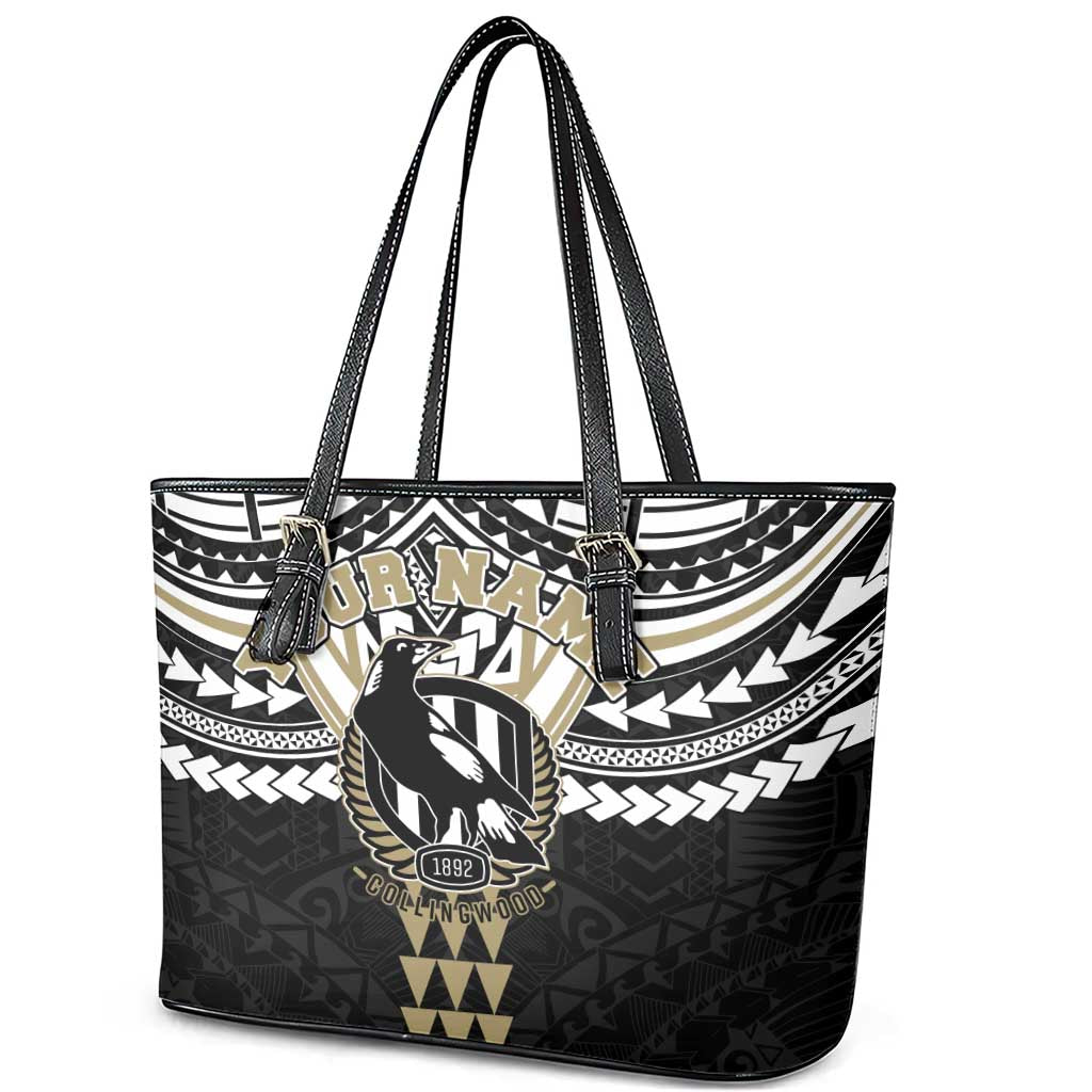 Personalized Collingwood Magpies Leather Tote Bag Polynesian Tribal Pattern Heritage Football