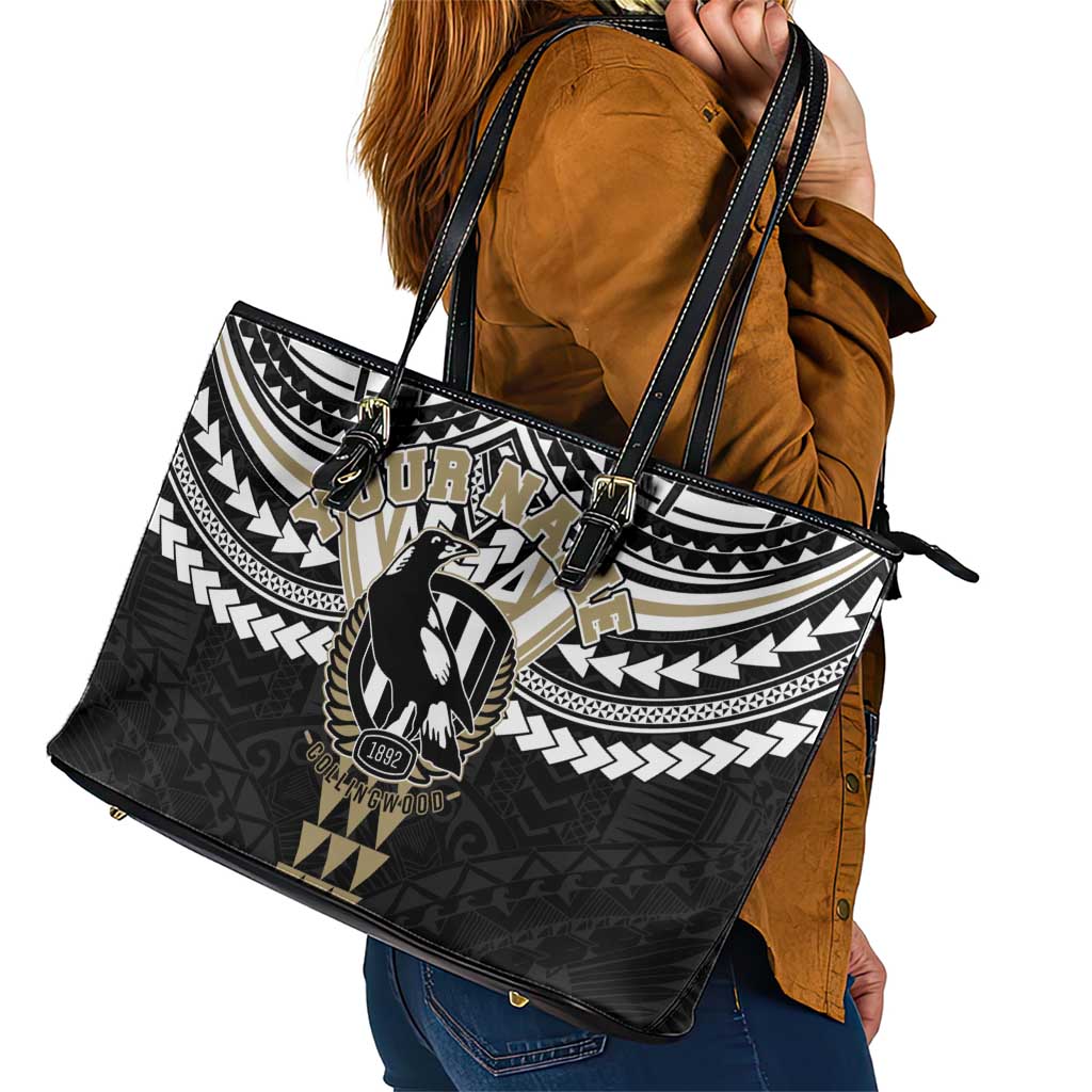 Personalized Collingwood Magpies Leather Tote Bag Polynesian Tribal Pattern Heritage Football
