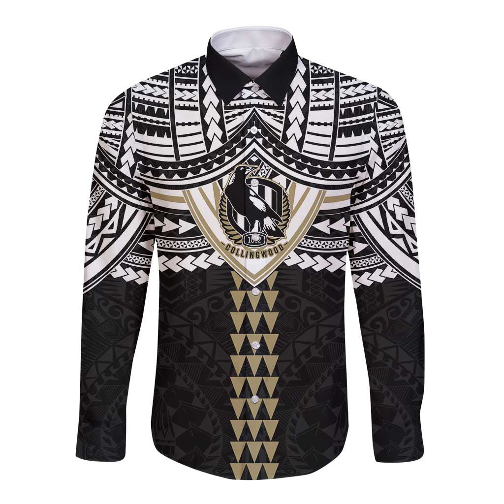 Personalized Collingwood Magpies Long Sleeve Button Shirt Polynesian Tribal Pattern Heritage Football