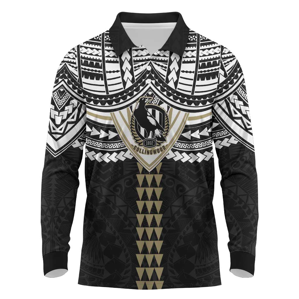 Personalized Collingwood Magpies Long Sleeve Polo Shirt Polynesian Tribal Pattern Heritage Football