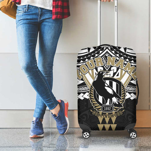 Personalized Collingwood Magpies Luggage Cover Polynesian Tribal Pattern Heritage Football