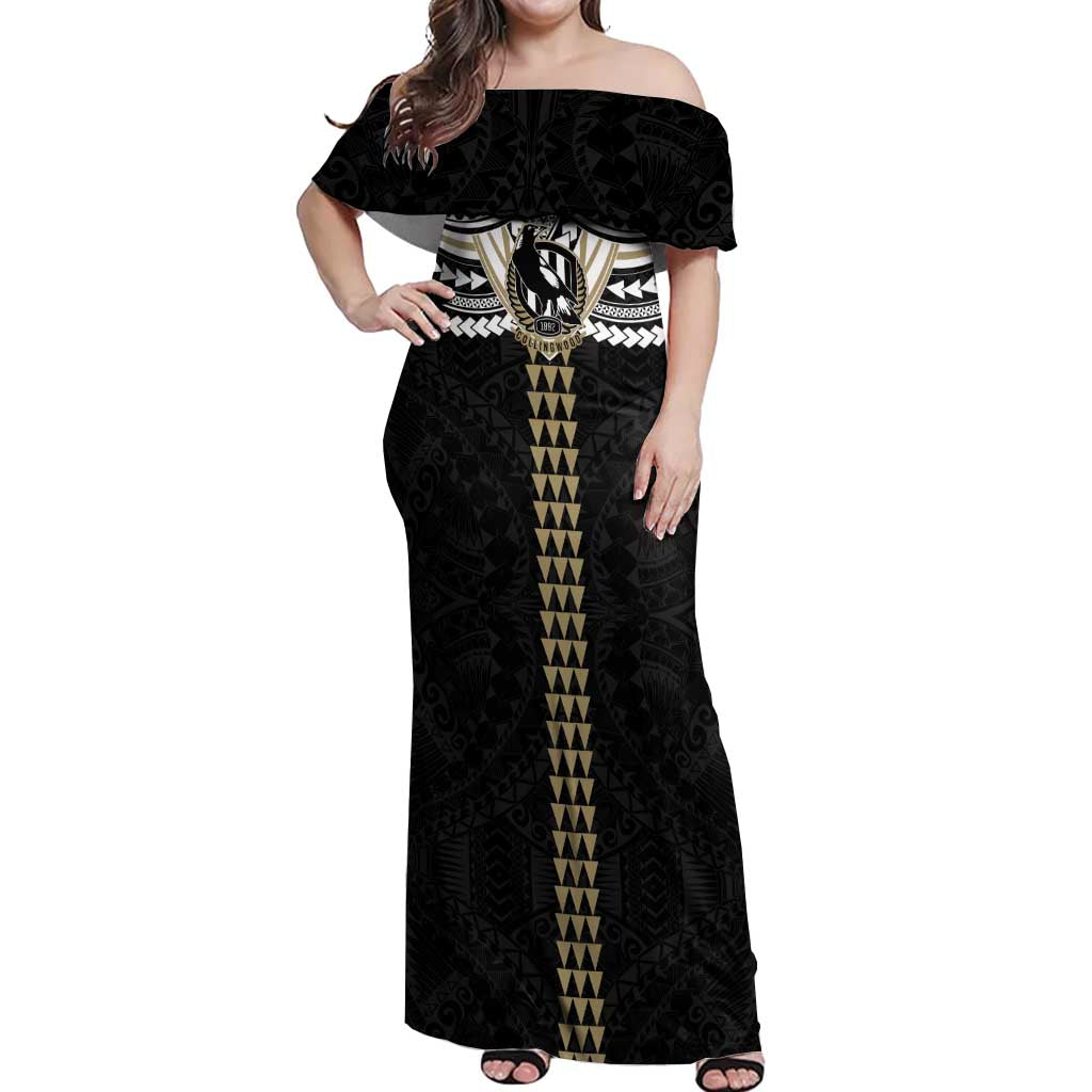 Personalized Collingwood Magpies Off Shoulder Maxi Dress Polynesian Tribal Pattern Heritage Football