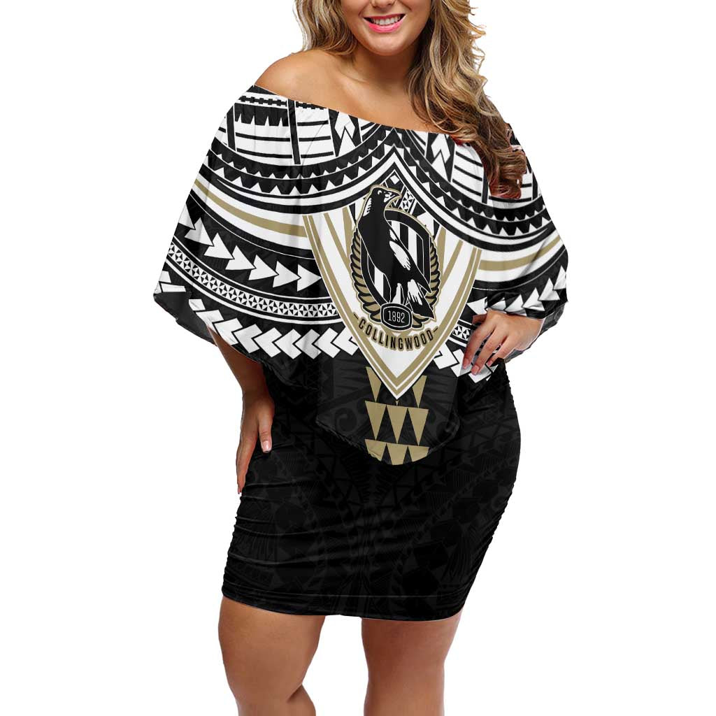 Personalized Collingwood Magpies Off Shoulder Short Dress Polynesian Tribal Pattern Heritage Football