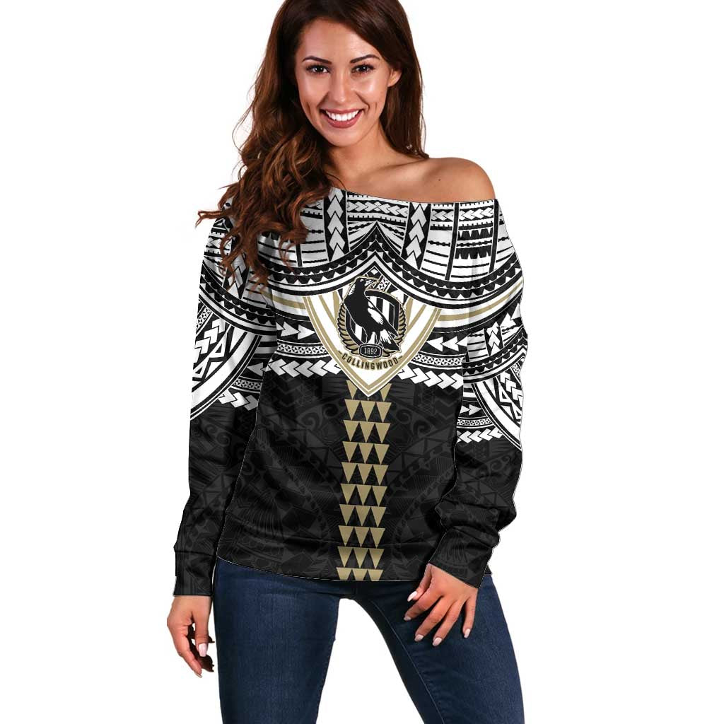Personalized Collingwood Magpies Off Shoulder Sweater Polynesian Tribal Pattern Heritage Football