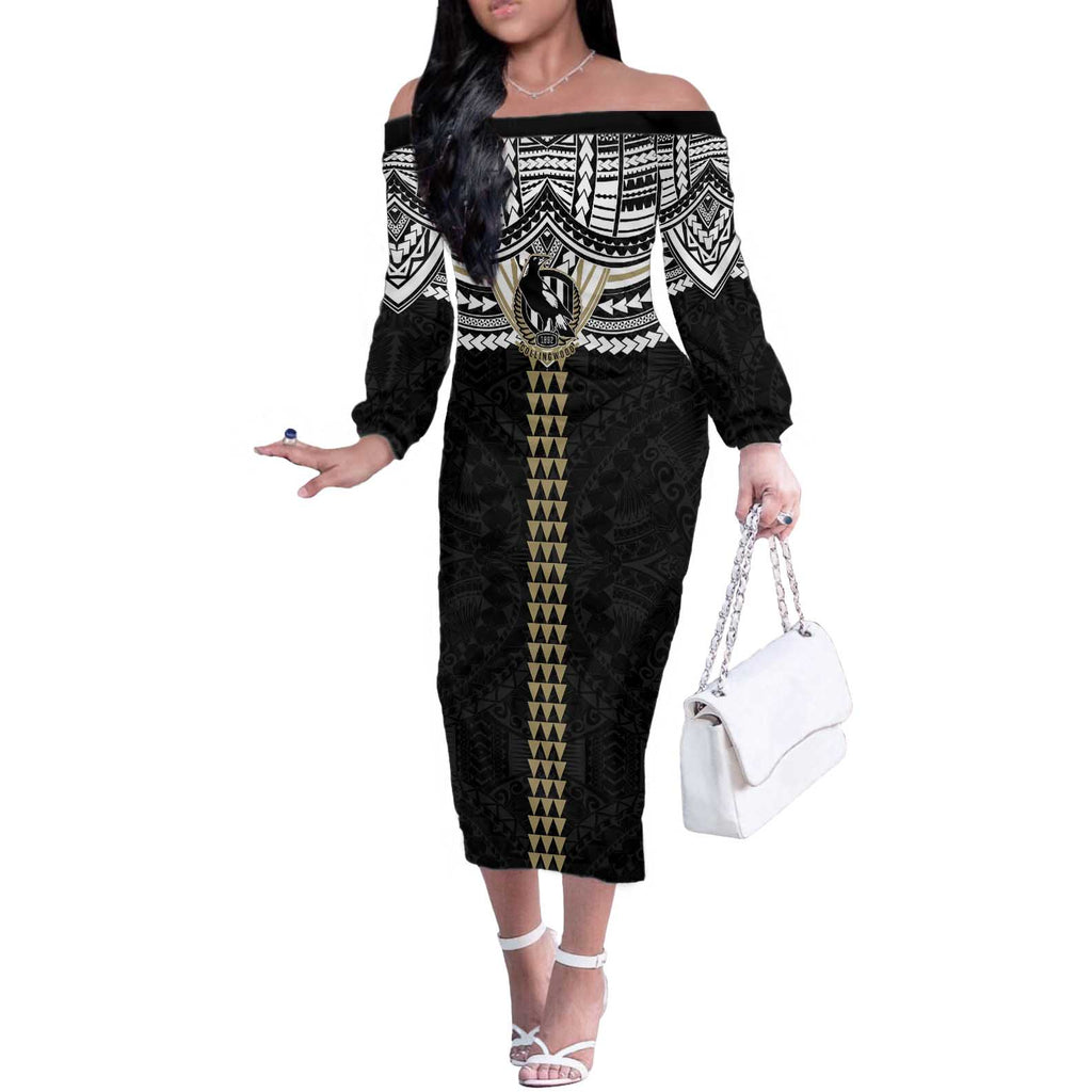 Personalized Collingwood Magpies Off The Shoulder Long Sleeve Dress Polynesian Tribal Pattern Heritage Football