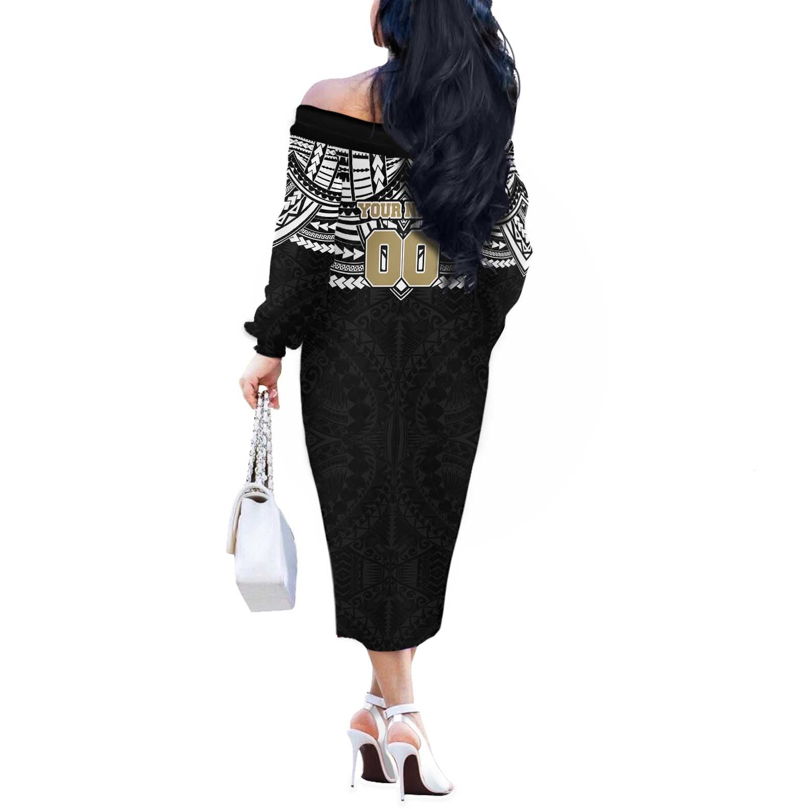 Personalized Collingwood Magpies Off The Shoulder Long Sleeve Dress Polynesian Tribal Pattern Heritage Football