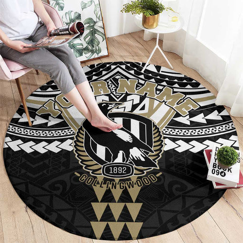 Personalized Collingwood Magpies Round Carpet Polynesian Tribal Pattern Heritage Football