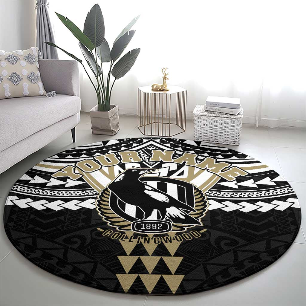 Personalized Collingwood Magpies Round Carpet Polynesian Tribal Pattern Heritage Football