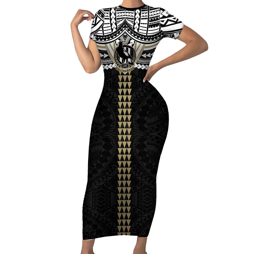 Personalized Collingwood Magpies Short Sleeve Bodycon Dress Polynesian Tribal Pattern Heritage Football