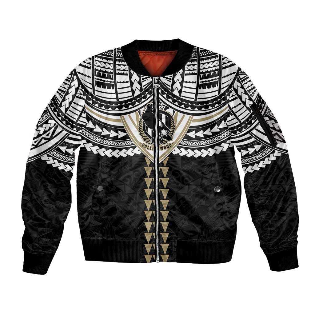 Personalized Collingwood Magpies Sleeve Zip Bomber Jacket Polynesian Tribal Pattern Heritage Football