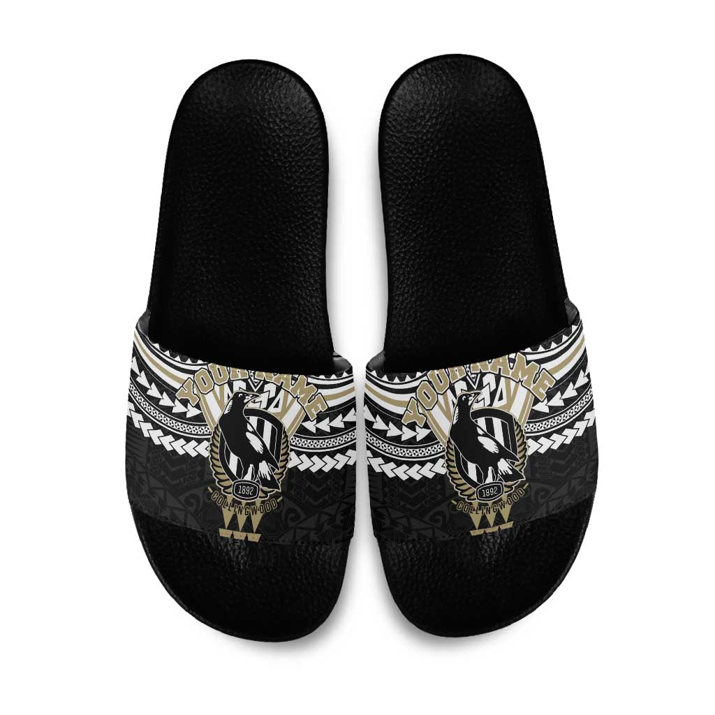 Personalized Collingwood Magpies Slide Sandals Polynesian Tribal Pattern Heritage Football