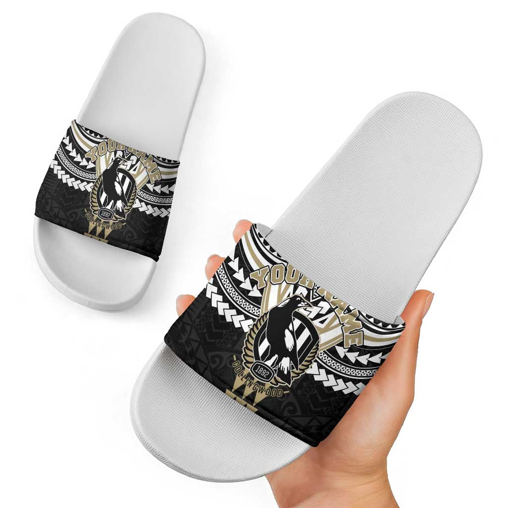 Personalized Collingwood Magpies Slide Sandals Polynesian Tribal Pattern Heritage Football