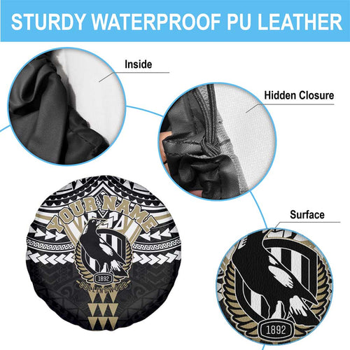 Personalized Collingwood Magpies Spare Tire Cover Polynesian Tribal Pattern Heritage Football