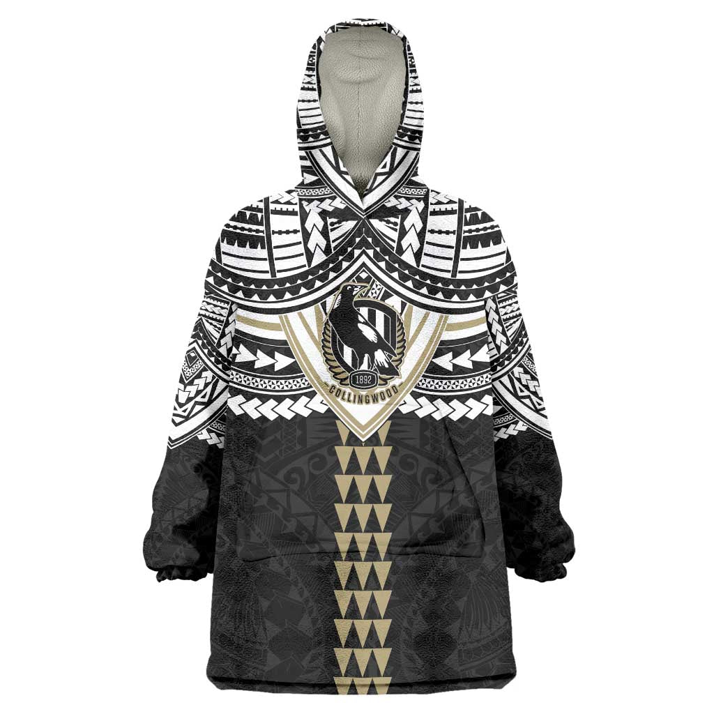 Personalized Collingwood Magpies Wearable Blanket Hoodie Polynesian Tribal Pattern Heritage Football