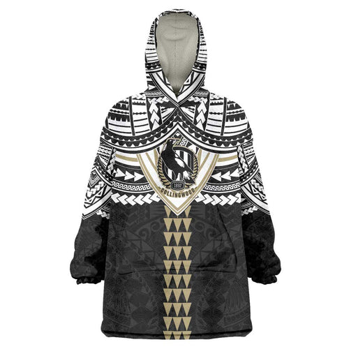 Personalized Collingwood Magpies Wearable Blanket Hoodie Polynesian Tribal Pattern Heritage Football