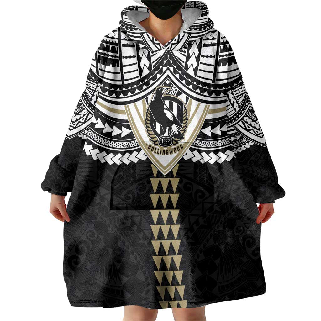 Personalized Collingwood Magpies Wearable Blanket Hoodie Polynesian Tribal Pattern Heritage Football