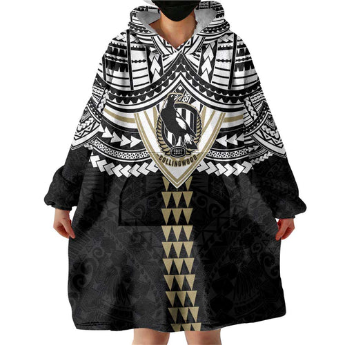 Personalized Collingwood Magpies Wearable Blanket Hoodie Polynesian Tribal Pattern Heritage Football
