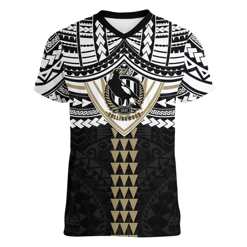 Personalized Collingwood Magpies Women V-Neck T-Shirt Polynesian Tribal Pattern Heritage Football
