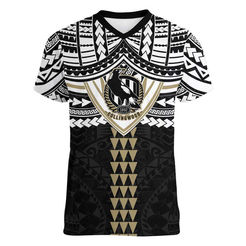 Personalized Collingwood Magpies Women V-Neck T-Shirt Polynesian Tribal Pattern Heritage Football