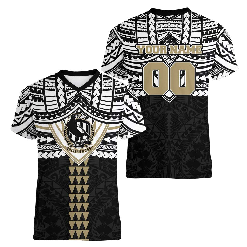 Personalized Collingwood Magpies Women V-Neck T-Shirt Polynesian Tribal Pattern Heritage Football