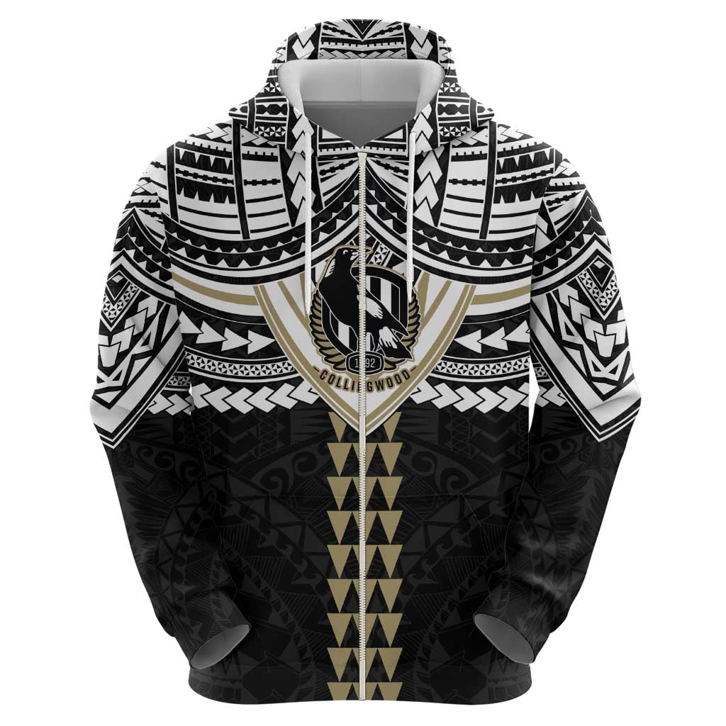 Personalized Collingwood Magpies Zip Hoodie Polynesian Tribal Pattern Heritage Football