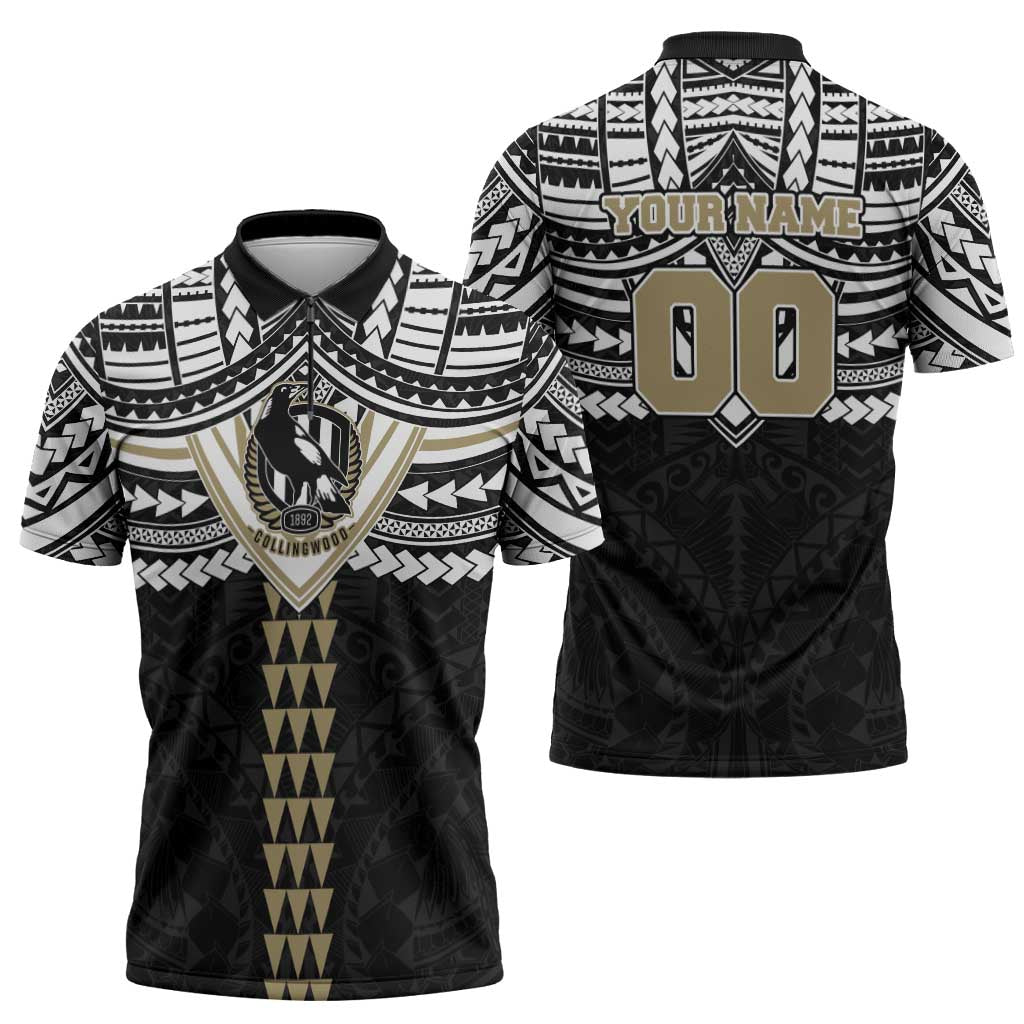 Personalized Collingwood Magpies Zipper Polo Shirt Polynesian Tribal Pattern Heritage Football