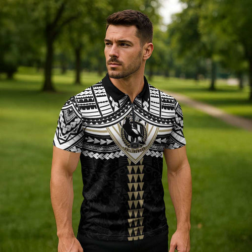 Personalized Collingwood Magpies Zipper Polo Shirt Polynesian Tribal Pattern Heritage Football