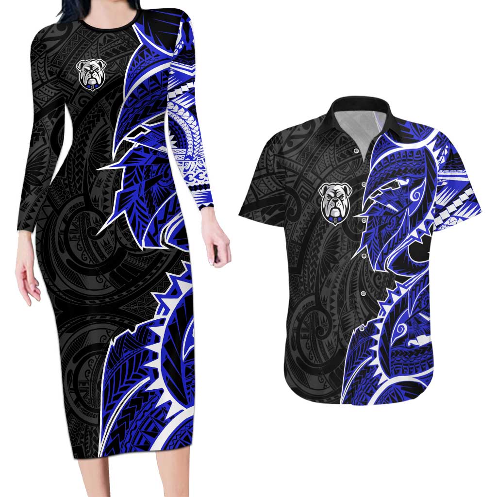 Canterbury Bankstown Bulldogs Couples Matching Long Sleeve Bodycon Dress and Hawaiian Shirt Polynesian Tribal Tattoo Pacific Sport Art