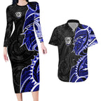 Canterbury Bankstown Bulldogs Couples Matching Long Sleeve Bodycon Dress and Hawaiian Shirt Polynesian Tribal Tattoo Pacific Sport Art