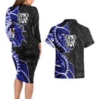 Canterbury Bankstown Bulldogs Couples Matching Long Sleeve Bodycon Dress and Hawaiian Shirt Polynesian Tribal Tattoo Pacific Sport Art