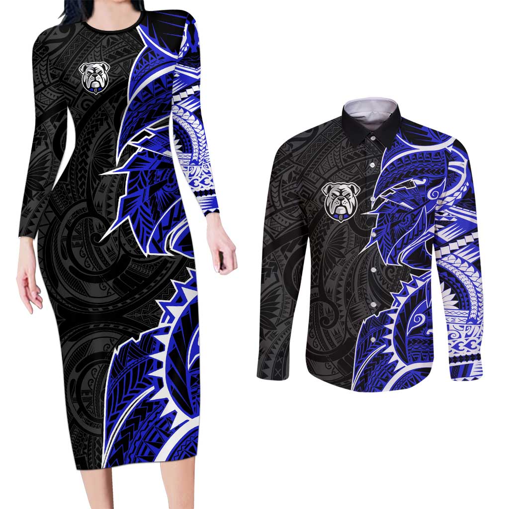 Canterbury Bankstown Bulldogs Couples Matching Long Sleeve Bodycon Dress and Long Sleeve Button Shirt Polynesian Tribal Tattoo Pacific Sport Art