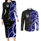 Canterbury Bankstown Bulldogs Couples Matching Long Sleeve Bodycon Dress and Long Sleeve Button Shirt Polynesian Tribal Tattoo Pacific Sport Art